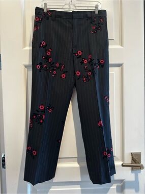 Marc Jacobs Wool Pinstripe Cropped Pants with Red & Black Floral Appliqué Size 8